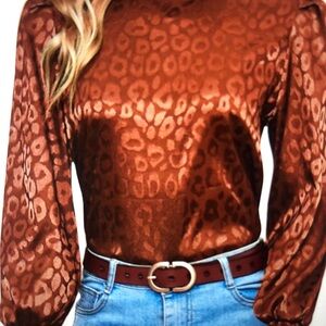Satin Leopard Jacquard Blouse in Rust Color